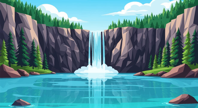 Flat vector illustration of a majestic waterfall cascading from steep rocky cliffs into a turquoise lake, surrounded by dense evergreen pine forests under a blue sky.