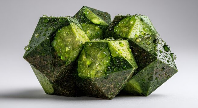 Green geometric shapes resembling cucumbers with water droplets on a gray background, showcasing a unique arrangement and texture of the objects