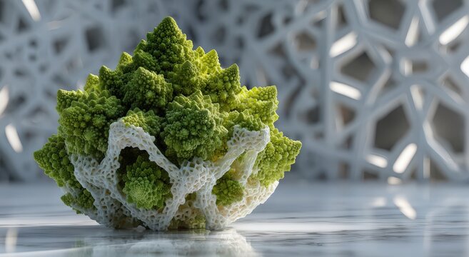 Romanesco cauliflower with intricate fractal patterns displayed on a marble surface, featuring a decorative geometric background in soft focus