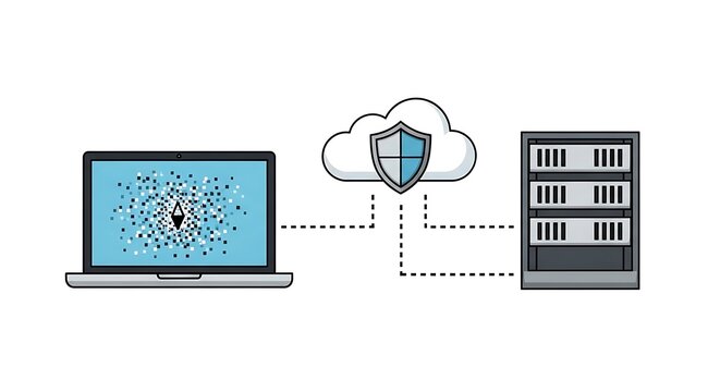 A laptop connects to a secure server through a cloud-based shield, protecting data transfer and online security.