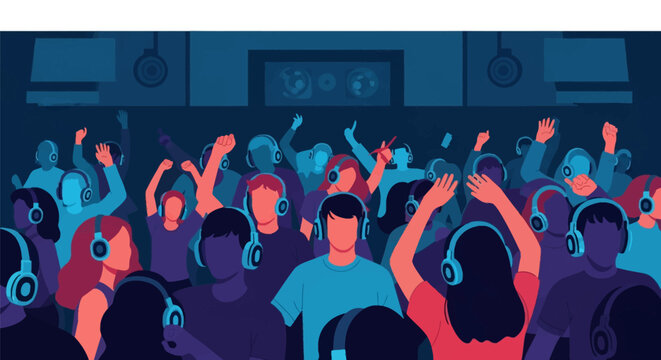 Vector illustration of a diverse crowd of people dancing at a silent disco event wearing wireless headphones in a dark nightclub setting with blue and red lighting effects.