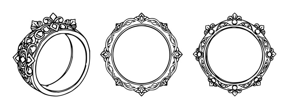 Brass ring set with ornate black line art and white background featuring jewelry, accessory, elegance with silhouette and texture