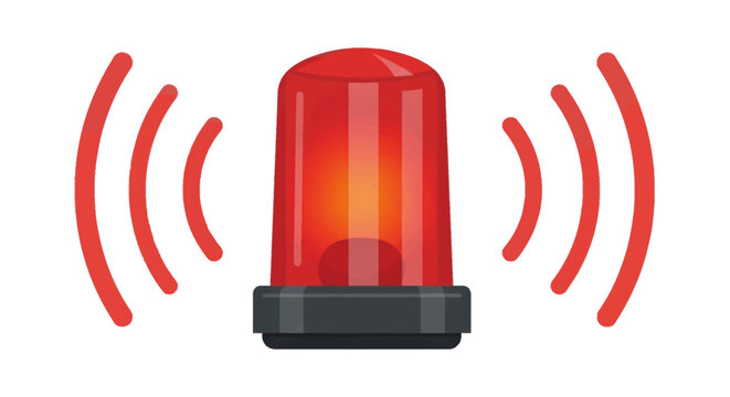 Red emergency siren light illustration with signal waves on both sides. Vector flat design of a warning flasher beacon for police, ambulance, or industrial alert on white background.