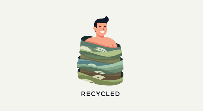 Man Wrapped in Recycled Fabric Layers Sustainability Concept