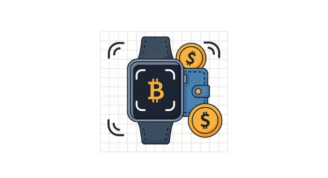 A factual vector illustration depicting a smartwatch with a Bitcoin logo on screen, scanning for a transaction next to a blue digital wallet and gold currency dollar coins.