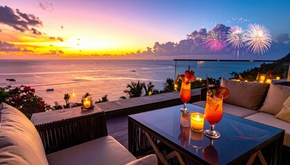 Obraz premium Elegant Summer Resort Balcony Evening Scene with Open Air Dining Table and Champagne. Luxury Mediterranean Terrace View Overlooking the Sea with distant Festive Fireworks