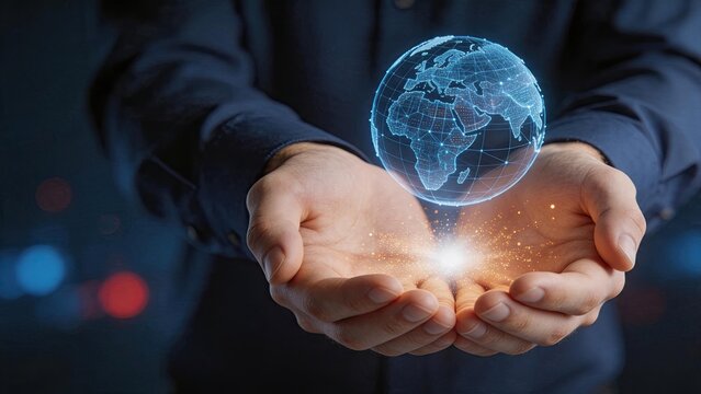 Futuristic hands holding a blue wireframe earth globe hologram, representing global connectivity, big data, and advanced communication.