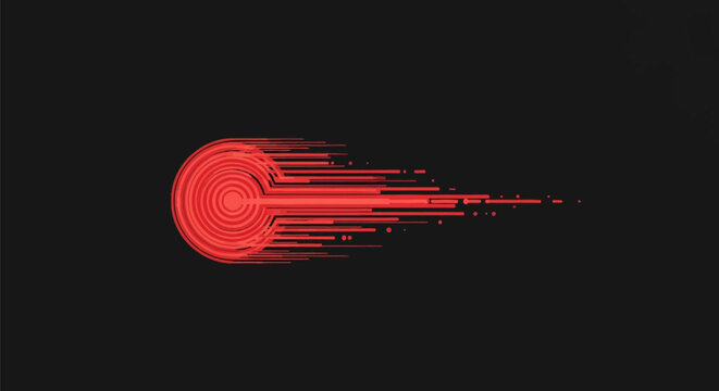 Minimalist red geometric circle with concentric rings and a horizontal motion trail consisting of straight parallel lines and rounded dashes on a solid dark black background.