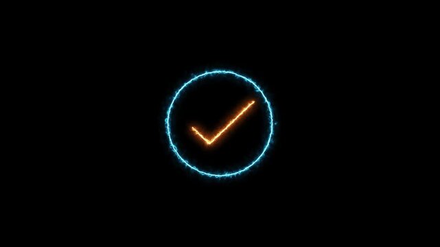 Animated neon checkmark in rotating blue circle, futuristic technology loop 1. animated checkmark