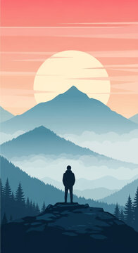 Minimalist vector illustration of a solitary figure standing on a rocky peak overlooking a blue mountain landscape shrouded in mist under a large sun and salmon-colored sky.