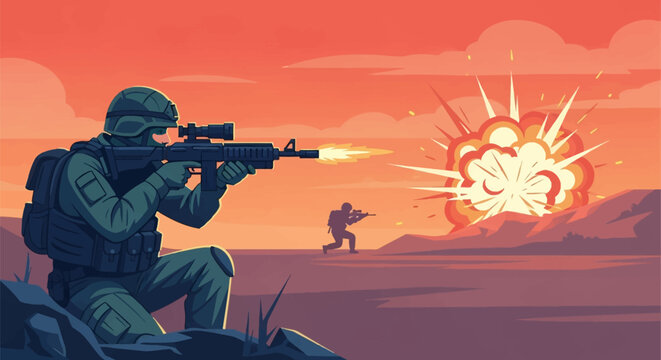 Vector illustration of a modern soldier in tactical gear firing an assault rifle with a scope during desert combat at sunset with a large explosion and silhouette in background.