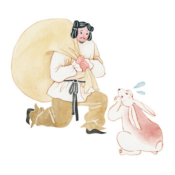 日本の神　日本神話　大国主神 オオクニヌシ 因幡の白兎　水彩 イラスト