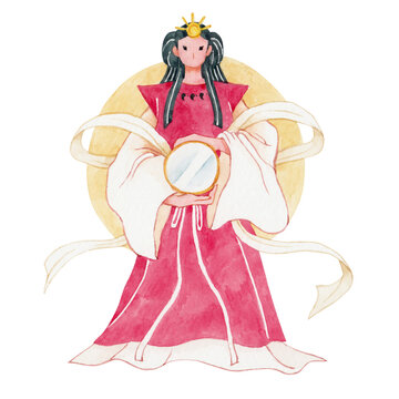 日本の神　日本神話　天照大御神 アマテラスオオミカミ　水彩 イラスト