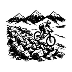 Fototapeta premium Dynamic black and white silhouette icon of a mountain biker navigating a challenging rock garden section, representing technical skill, rugged terrain, and extreme mountain biking.