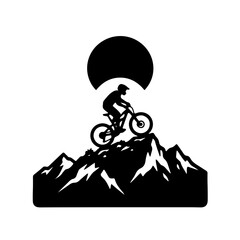 Obraz premium Minimalist black and white silhouette icon of a mountain biker standing at the peak, representing adventure, outdoor exploration, and extreme sports 