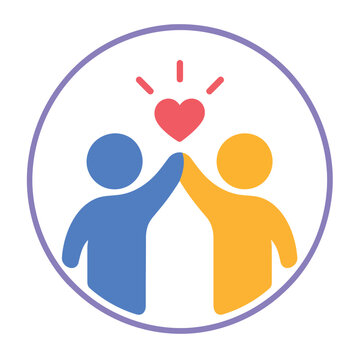 Minimalist friendship icon with two people high-fiving, colorful partnership vector illustration, community support and love symbol with heart