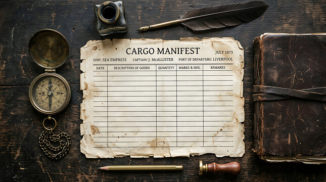 Vintage cargo manifest document with compass and inkwell on wooden desk