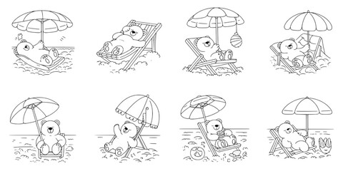 Obraz premium Teddy bear camping tent scene with picnic blanket, umbrellas, stars and simple line art for kids outdoor adventure