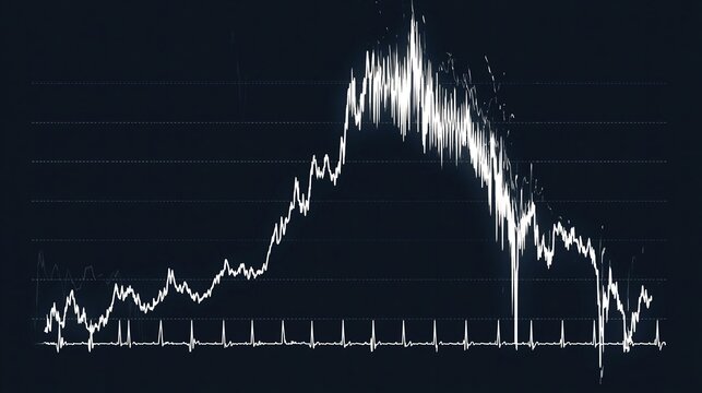 Abstract Waveform Data Visualization Displaying Peak Amplitude and Data Fluctuations on Dark Background