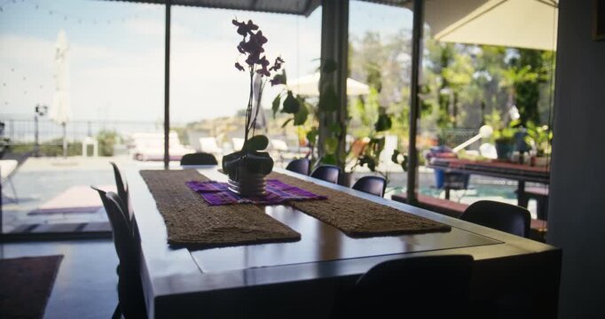 Empty, beautiful table in gorgeous home - dolly in