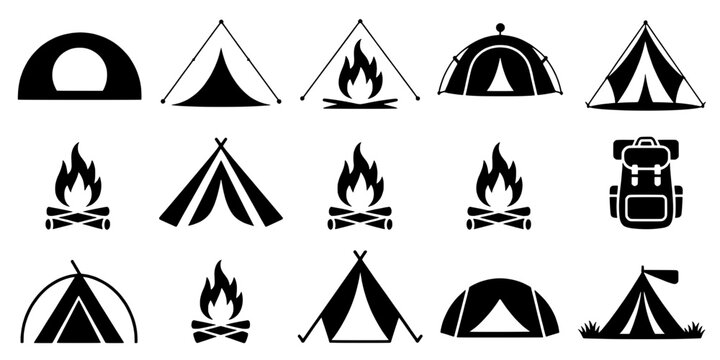 Tent camping icon set with fire flames, camp logo symbols, outdoor adventure and wilderness shelter graphics