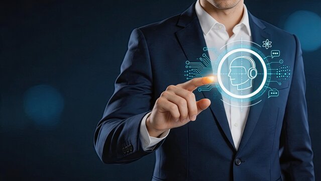 Businessman interacting with virtual AI customer service interface, futuristic tech support, chatbot automation, voice recognition system, digital assistant, enterprise software,