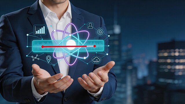 Hands holding holographic atom with data analytics and cloud icons, quantum computing concept, scientific research visualization, big data processing, cybersecurity protection,