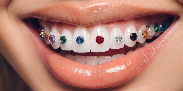 Extreme Close Up of Smiling Mouth Showing Only Lips and Teeth With Colorful Sparkling Gemstone Dental Jewelry Tooth Gems on Every Tooth Glamorous Beauty Fashion Editorial on Dark Background Closeup