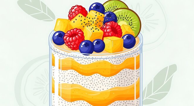Colorful fruit parfait with assorted berries and kiwi slices illustration