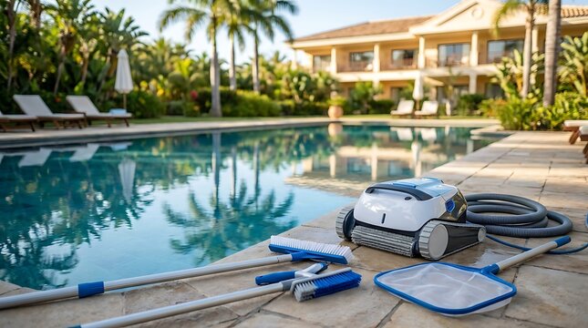 Robotic pool cleaner and various maintenance tools laid out by a luxurious swimming pool with a large building and palm trees in the background.