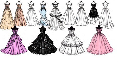 Elegant Evening Gown and Wedding Dress Vector Illustration Set with Luxury Fashion Sketch Elements for Bridal Boutiques Websites and Digital Designs © Mdsumon