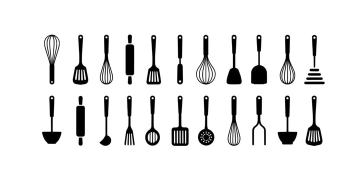 Utensils kitchen set with various cooking tools and gadgets featuring spatula, whisk, ladle with grater and masher elements for slotted spoon, tongs