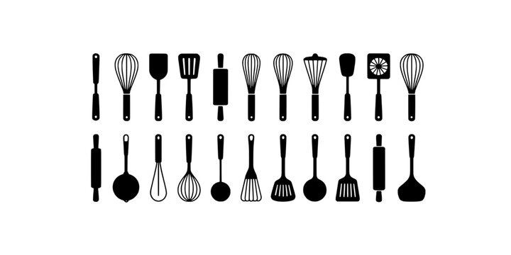 Utensils kitchen set with various cooking tools and gadgets featuring whisk, spatula, spoon with ladle and masher elements for grater, peeler