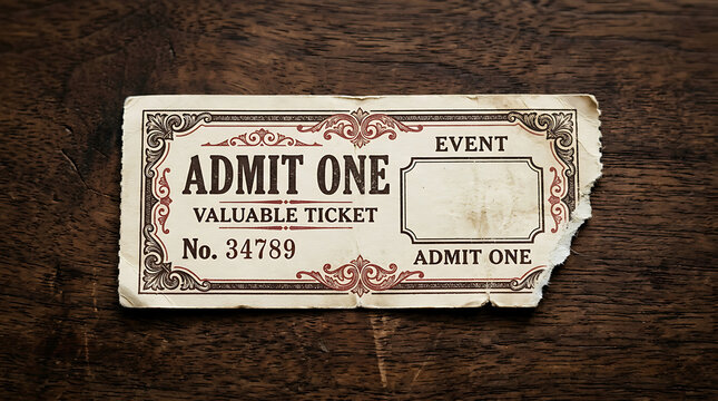 Antique admit one ticket stub with ornate decorative border on dark wood
