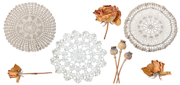 Vintage handmade crochet lace doilies with dried roses and poppy pods on a transparent background.