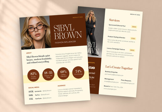 Influencer Media Kit Template, Brand Pitch Deck, Press Kit Brochure Layout & Rate Card Portfolio Document