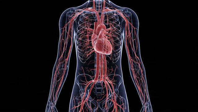 Detailed digital illustration of human cardiovascular system with highlighted heart and vessels