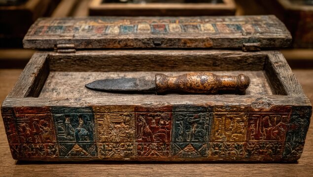Ancient wooden box with colorful hieroglyphs containing a small metal knife, displayed on a wooden surface in a museum setting