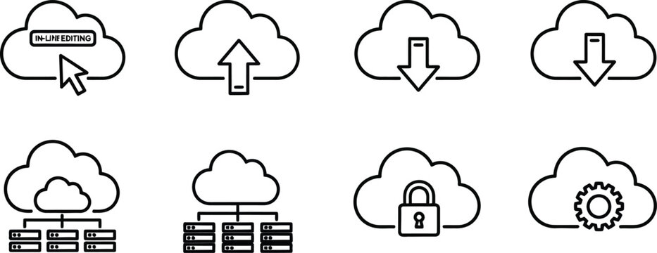Set of eight black and white line representing cloud computing concepts: editing, upload, download, network, security, and settings