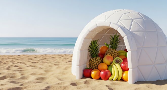 Colorful fruits inside igloo on sandy beach with ocean view