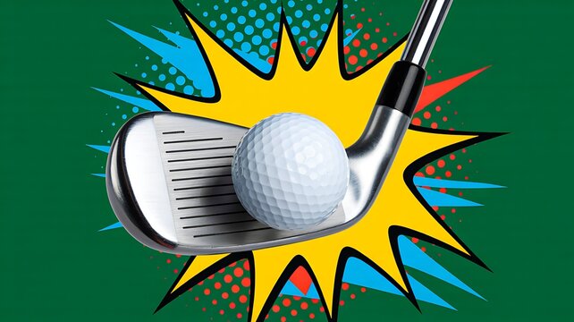 Pop art golf club and ball illustration with comic explosion background and vibrant colors