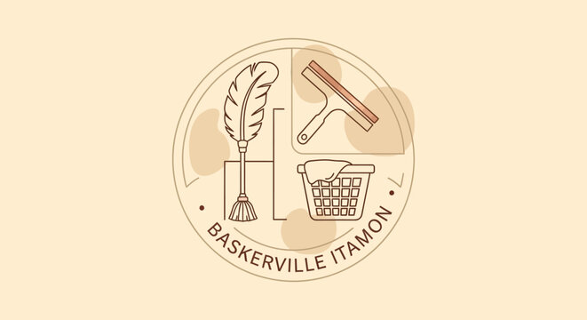 Vintage-style emblem with quill, squeegee, and laundry basket for Baskerville Itamon.