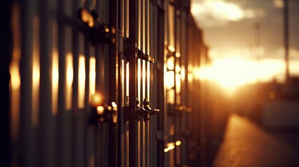 Obraz premium Golden Hour Sunlight Glinting Off Industrial Shipping Container Wall at Dusk