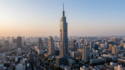 Obraz premium Modern skyscraper dominating urban skyline at sunrise