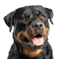 Fototapeta premium Close Up Portrait Of A Rottweiler Dog With Mouth Open And Tongue Out Against White Background
