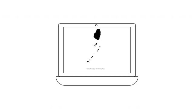 Laptop screen displays map of Grenada islands with black silhouette.