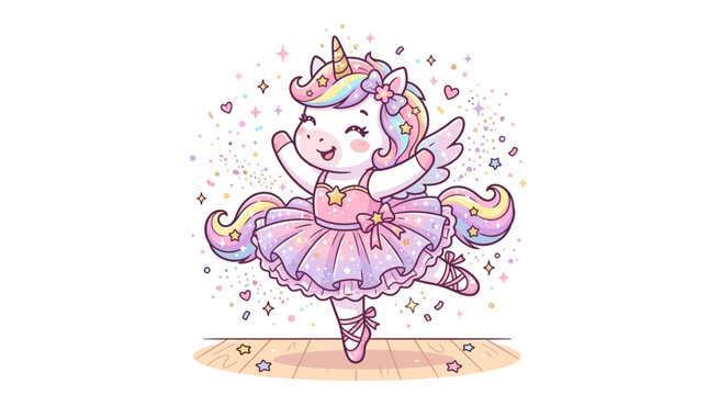 Cute Unicorn Ballerina Dancing on Stage with Rainbow Hair and Sparkles