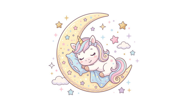 Cute cartoon unicorn sleeping on moon with stars and clouds dreamy scene