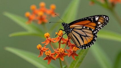 Fototapeta premium Monarch butterfly feeding on orange milkweed in green background