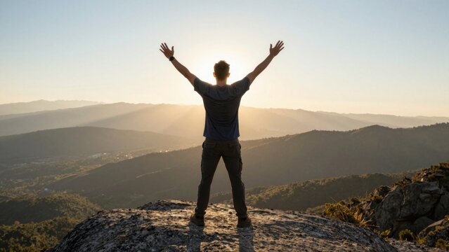 Man raising arms at sunrise on rocky mountain overlook